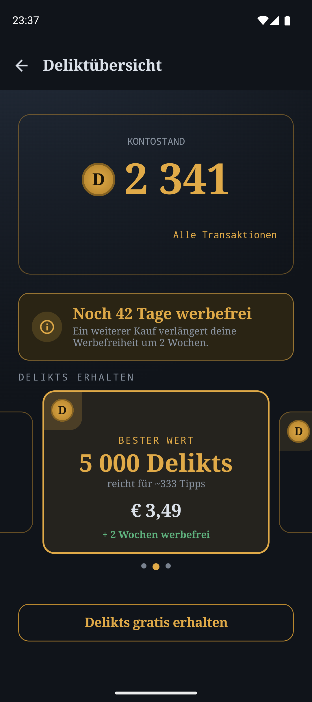 Delikta — Deliktübersicht mit Kontostand und Verlauf